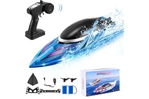 Wisbecost Bateau RC pour Adultes et Enfants, Bateau télécommandé 25 km/h pour lac, rivière et Piscine, Auto-redressement, lumière LED, Bateau de Course à Vitesse Rapide, 2 Batteries 60 Min