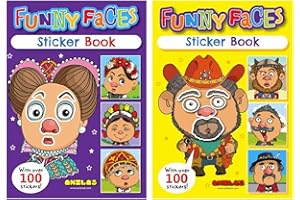 ANILA'S Anilas Set of 2 Funny Faces Sticker Book & Colouring Activity Book, Themes Include Unicorns, Dinosaurs, Pirates, Space, Princess, Mermaid, Knights, Diggers, Ideal for Children Aged 3-8(Funny Faces)