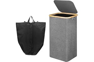 LAZY COOK Cesto Ropa Sucia Grande con Tapa 110L - Cubo Ropa Sucia Plegable con Bolsa Interior XXL - Cesto de Ropa con Asas de Bambú Perforado con 4 Botón para Evitar que la Bolsa se Deslice