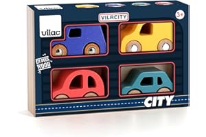 VILAC - Set di 4 auto e garage in legno, modello City, gioco di risveglio per bambini, in legno, giocattolo per bambini dai 3 anni