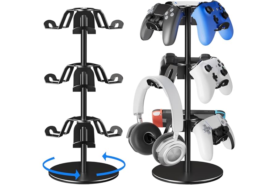 Bricok Aluminum Alloy Controller Holder 360 Degree Rotation Tier,Headphone Stand - Gaming Controller Stand for Xbox PS5 PS4 Switch,Gaming Controller Headset Holder for Gaming Accessories