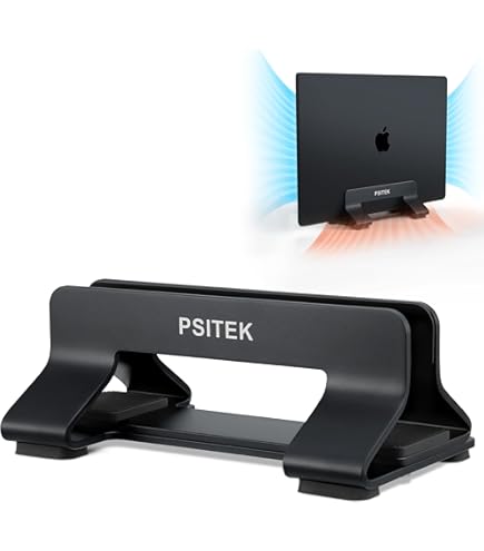 Psitek Soporte Vertical para Mac Mini Aluminio- Soporte de Escritorio Universal para Todos los Modelos de MacMini 2005-2023, Compatible con laptops y Mini PC - Ancho de Ranura Ajustable (10-52 mm