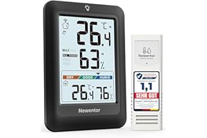 Newentor MAX MIN Thermometer innen außen 24/48 Std./alle Zeiten - Hygrometer Luftfeuchtigkeitsmesser mit Luftkomfort - Wetterstation Funk mit Außensensor - Raumthermometer mit Beleuchtung, Schwarz