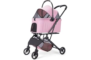 AESRAOU 2 IN1 Dog Strollers with Removable Carrying Basket, Foldable Puppy Carts with 4 Fast Wheels, Minimalist Pets Stroller with Storage Bag for Medium Small Dogs Cats Outdoor Travel (Pink)