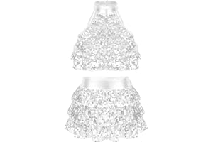 Jowowha Girls Sequins Dance Clothes Dress Sparkle Hip Hop Jazz Latin Dance Outfit Sleeveless Crop Top and Skirt