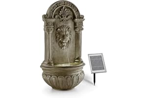 blumfeldt Löwenstein Wall Fountain Garden Fountain Sola 2W Mini Pump for up to 200 l/h Water Circulation Water-Flowing Lion Head 4-Beam LED Lighting Easy Intallation Setup Polyresin Stone Look