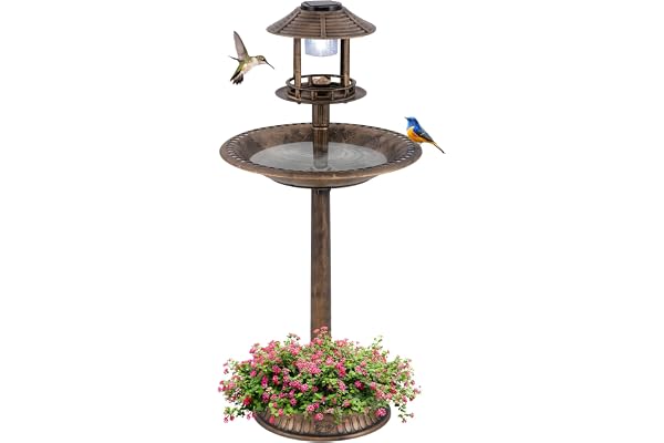 COSTWAY Bain d'oiseaux 3 en 1 Énergie Solaire, Décoration d'Extérieur sur Pied Rétro Éclairé avec Lampe Base de Jardinière de Fleurs Mangeoire, Abreuvoir pour Oiseaux Léger pour Jardin (Bronze)