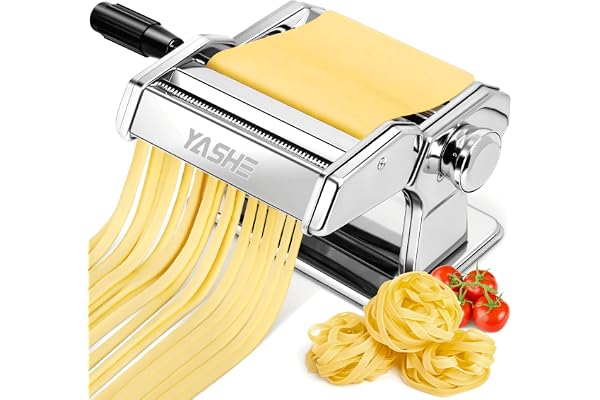YASHE Manuell pastamaskin, rostfritt stål pastamaker med två bredder, rulle och fräs av rostfritt stål med 7 justerbara tjocklekar för nudlar, spaghetti, fettuccine, lasagna