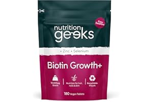 NUTRITION GEEKS Biotin Hair Growth Supplement - 180 Vegan Tablets Enhanced with Zinc & Selenium, Hair Vitamins Complex - Biotin 10000 mcg - Hair Skin and Nails Vitamins for Women & Men UK (Packaging Design May Vary)