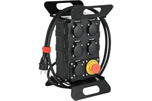 Electraline 60427 Coffret de Chantier 16A, 5 Prises Françaises IP44 16A, avec Disjoncteur Différentiel 30mA et Bouton Poussoir d'arrêt, Cable H07RN-F 3G2.5mm Longueur 2M