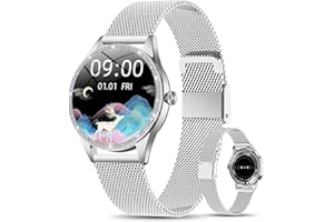 MARSYU Montre connectée pour femme - Argent brillant - Montre de fitness pour téléphone portable Android/iOS - HD 1,09" - Élégante - IP68 - Étanche - Ronde - Avec fréquence cardiaque - Moniteur de sommeil -