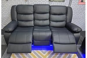 GENERIC Madrid Leather Electric Recliner Sofa With Cupholders - Leather Sofa - 3+2 Seater - USB Charging Ports - LED Lights (Black, 3 Seater)