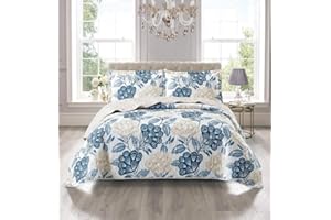 GENERIC Q Style Quilted Patchwork Bedspread Bed Throw 3 Piece Comforter bedding set with Pillow Shams and Coverlet Throw Machine Washable (Bloom-Blue, King)