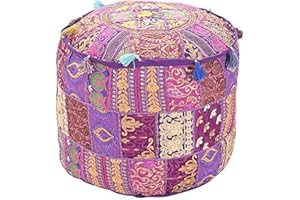 AAKRITI GALLERY Aakriti Indian Pouf Footstool with Embroidery Pouf, Indian Cotton, Pouf, Ottoman Pouf Cover with Ethnic Decor Art - Cover (Purple, 46x33 CMS)