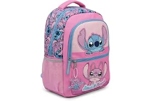 Disney Stitch & Angel Barns skolryggsäck | Lätt stor bokväska | 2 fack skolväska med frontficka med dragkedja, sidofickor i nät