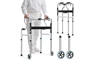 BROLTEJA Hlieeosfcn Folding Walker with Wheels,Stand Up Walking Frame with 2 Wheels,Height Adjustable Folding Walking Frame for The Elderly,Walking Assist Supports Up to 180 kg