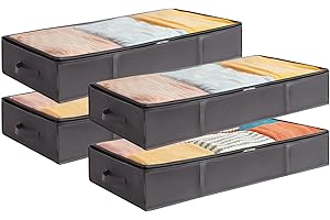 Lifewit Scatole Sottoletto Confezione da 4, Contenitori di Grande Capacità per Coperte con Maniglia Rinforzata, Organizer per Vestiti, Lenzuola, Asciugamani, Camera da Letto, Armadio, Grigio