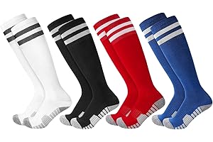 Zuimei 4 Pairs Kids Football Socks Boys, Anti Slip Football Socks Black Breathable Athletic Soccer Sock Training Running Sports Sock for Aged 5-7 7-12, Black White Red and Blue