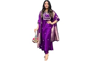 GoSriKi Women's Silk Blend Straight Embroidered Kurta with Pant & Dupatta