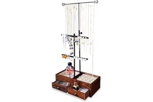 QKTXKTZY Necklace Holder Stand Hanging Long Necklaces Jewelry by Adjustable Height -3 Tiers Metal Jewellry Tree Stands with Wooden Drawer Organiser Box to Display Cosmetic, Bracelets, Earrings, Rings, Watches