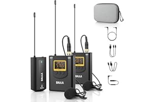 BALILA Microfono Inalambrico Profesional para Móvil,Cámara- UHF Sistema de Dos Micrófono de Solapa Inalámbrico Recargables con 2 Transmisores y 1 Receptor para Grabar Entrevista Youtube Podcast