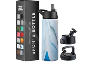 GARUET 750ml Triple Walled, Insulated Water Bottles with Straw - Stainless Steel Metal Bottle W/ 3 Leak Proof Lids - For Travel, School, Sports, Gym/Men, Women (Exquisite Blue Marble)