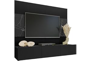 Mirjan24 Parete da parete Deromi, con pannelli da parete e pannello TV, pannelli acustici, armadio, parete multimediale, TV (marmo nero + nero, senza mensola sospesa)