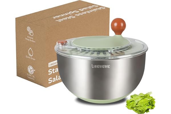Lunememo 5L Salladsslunga Rostfritt Stål, Stor Salladssnurra med Halkfri Botten och Stoppknapp, BPA-fri