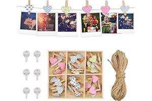 Zaleonline Photo Hanging Display String and Pegs Set with 30 Mini Wooden Clips, 10m Jute Twine and 6 Traceless Nails for Hanging Photos Paper Memo Holder Home Office DIY Craft Decoration