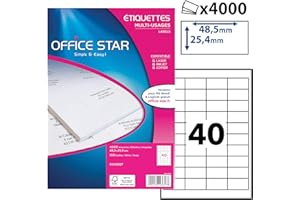 OFFICE STAR - Boite de 4000 étiquettes autocollantes blanches multi-usages, format 48,5 x 25,4 mm, personnalisables et imprimables tous types d'imprimantes laser, jet d'encre, copieur