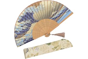 OMyTea "Landscape Folding Hand Held Fan for Women - Chinese/Japanese Vintage Retro Style for Wedding, Dancing, Church, Party, Gifts - With a Fabric Sleeve for Protection (Kanagawa Sea Waves)