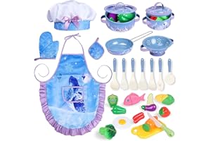 Kids Cooking Set with Toddler Chef Costume, Magic4U 28Pcs Play Kitchen Accessories Including Apron, Pots and Pans, Play Food, Cutting Vegetables, Toy Utensils, Gifts for Girls Ages 3-8 (Blue)