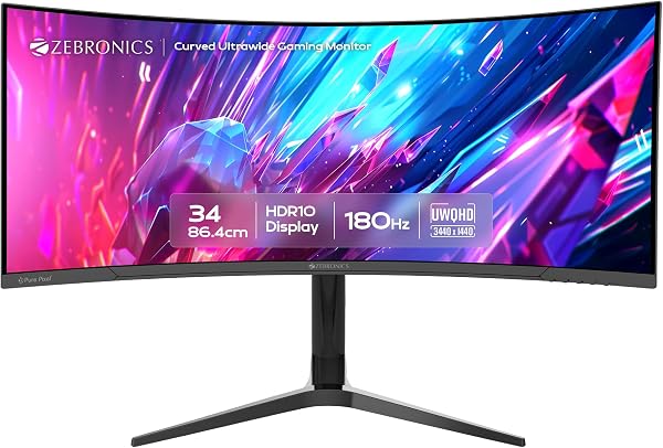 Zebronics PA234 34 Inch 1500R Curved Ultrawide Gaming Monitor, UWQHD 3440x1440, 180Hz, 1ms MPRT, HDR10, Adaptive Sync, 100% sRGB, Height/Pivot/Swivel/Tilt Adjus