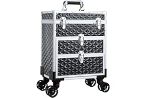 KZRUEB Kosmetik Trolley mit 2 Schublade Kosmetikkoffer Trolley Friseurkoffer mit Rollen Make up Koffer Schminkkoffer Nagelkoffer Abschließbare Beauty Case,Schwarz