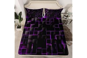 MANFEI Geometric Fitted Sheet Single Size, Abstract Square Grid Print Bedding Set 2pcs for Kids Boys Girls Adults, Purple and Black Bed Cover with 1 Pillowcase, Soft Polyester Bedding