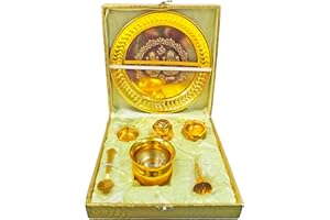 Home Genie Brass Pooja Thali Set with Golden Polish | Complete Hindu Puja Kit with Plate, Kalash, Diya, Bell, Spoon & Incense Holder | Gift Box for Temple & Festivals