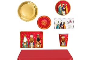 PARTYLOSOPHY Kit Vajilla de cartón Desechable con decoración y temática navideña con diseño de Reyes Magos para 12 personas – Pack para 12 personas. Decoración Mesa Navidad Reyes Magos.