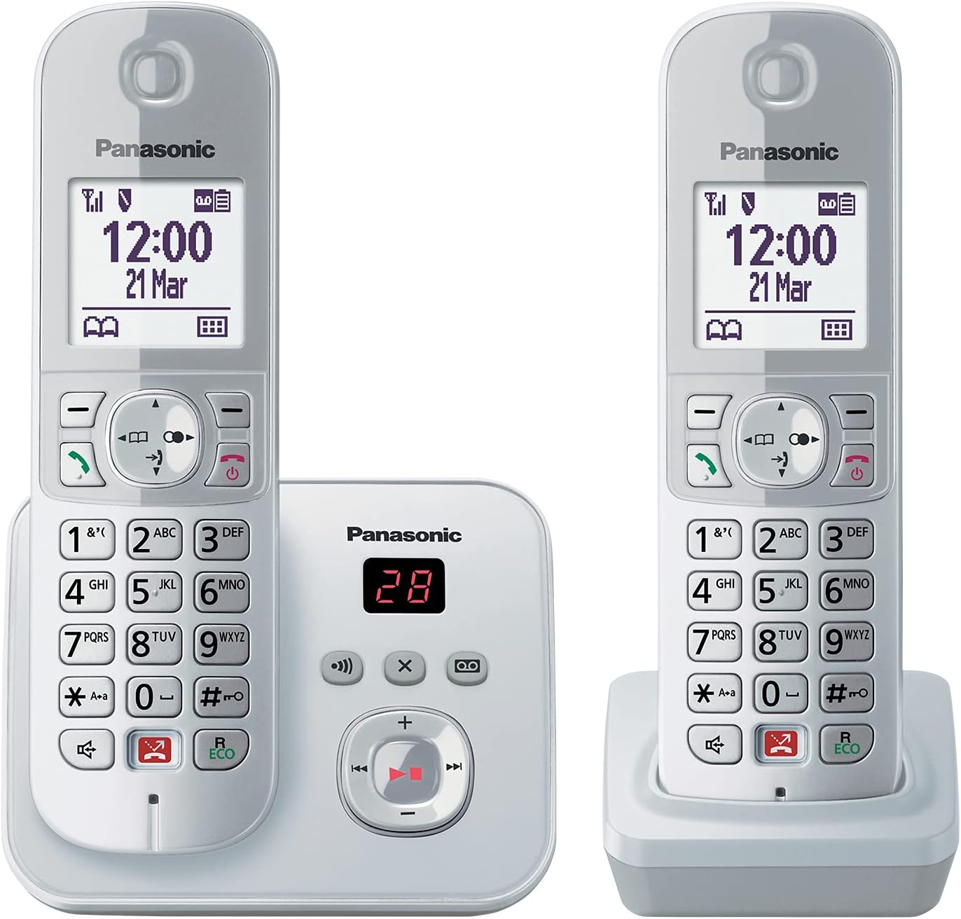 Panasonic KX-TG6862GS - Teléfono inalámbrico con 2 receptores y contestador automático (bloquear hasta 1000 números de teléfono, tamaño de fuente, altavoz fuerte, manos libres dúplex), plata perla