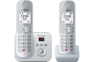 Panasonic Trådlös telefon KX-TG6862GS, med 2 handenheter och telefonsvarare, spärra upp till 1 000 telefonnummer, tydlig teck