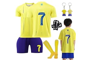 Ronronner Conjunto de fútbol de jersey para niños con camiseta, pantalones cortos y calcetines, camiseta amarilla de manga corta con el número 7, para adultos y niños
