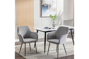 Bonzy Home Velvet Dining Chair Set of 2, Upholstered Kitchen Chairs Counter Lounge Living Room Corner Chair with Arms, Backrest & Metal Legs, Soft and Stable (Grey, 2 pcs