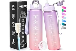 AOHAN Butelka na wodę 1 l, z tritanu, wolna od BPA, motywacyjna butelka sportowa z filtrem i znacznikiem czasu, wodoodporna butelka ze słomką, do uprawiania sportu, wędrówek, szkoły, biura