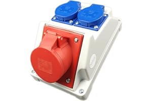 RoadEu Enchufe de pared combinado 16 A 5P con 2 enchufes Schuko de 230 V. CEE + enchufes dobles, distribución de corriente IP44