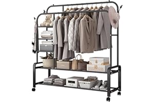 BTGGG Kleiderständer auf Rollen Doppelte Kleiderstange Stabile Schwerlast Kleiderständer Freistehender Multifunktionaler Garderobenständer mit 4 Haken für Schlafzimmer Wohnzimmer Balkon