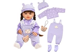 XERTEAM Baby Doll Clothes for 20-22 Inch Dolls, 5 Packs Purple Baby Doll Outfits Dress mit 1 Top + 1 Little Bear Overalls + 1 Hat + 1 Socks + 1 Pendant, Sweet Large Girl Doll Clothing, as Gift for Girls