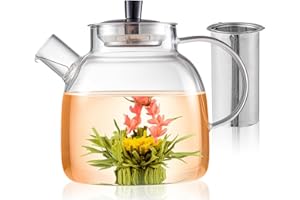 MS WGO 1500ml/52.79oz Handmade Glass Teapot with Infuser, Heat-Resistant Borosilicate Glass Teapot with Strainer, Removable Infuser Tea Pot Handmade for Loose Leaf Tea