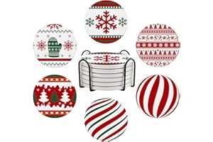 SHAEOTEK Christmas Coasters for Drinks, Snowflakes Stripe Candy Ceramic Coasters, Set of 6 Drink Coasters with Metal Holder, Absorbent Round Non-Slip Drink Coffee Bar Mug Cup Coaster Decoration Gifts