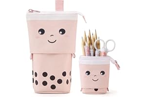 JANREAY Śliczny piórnik teleskopowy 2 w 1, uchwyt na ołówki, zwijany pojemnik na długopisy, szminka, dla studentów, młodzieży, dziewcząt, chłopców, różowy, herbata brzoskwiniowa, jeden rozmiar, Dodatkowa kieszeń