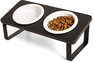 PETLINUS Gamelle Chat Surélevée et Inclinée Double - Gamelle Chat Céramique avec Support en Bois Incliné à 15º- Gamelle Chiot, Gamelle Chien Petit ou Bol Chat, Mangeoirs et Abreuvoirs - Noir