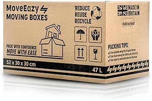 MoveEazy Cardboard Moving Boxes Large Box Strong House Packing Storage Removal with Carry Handles 52cm x 30cm x 30cm (47 Litres) (47L, Pack of 5)